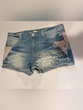 Women's Light Blue Distressed Denim Shorts with Pink Pocket Accents